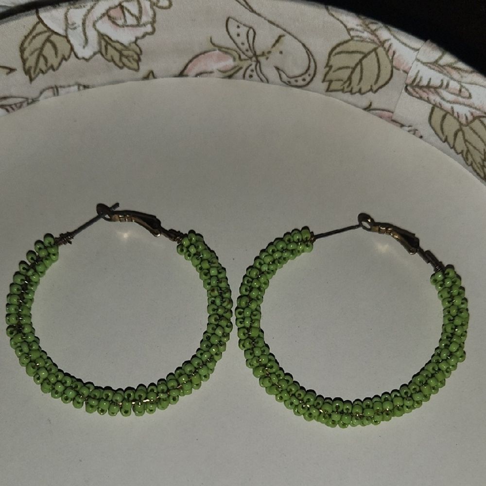 Green Beaded Hoop Earrings
